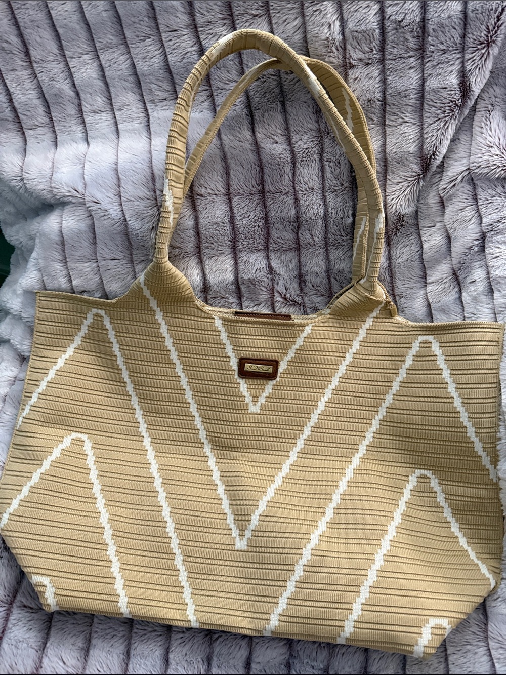 Beige Chevron Knit Tote Bag with Double Straps